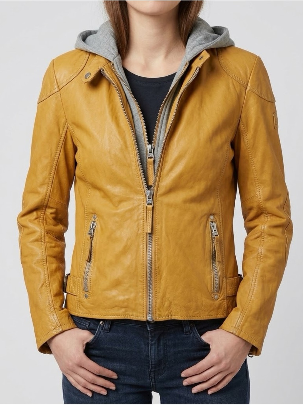 Mauritius Mustard Leather Jacket with Gray Hoodie Inside